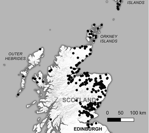Figure 1. Locations of stones carved with Pictish symbols or possible symbols. Contains public sector information licenced under the Open Government Licence v3.0 and based on information in the Canmore database.