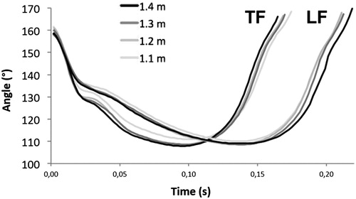 Figure 1. Average charts of the dorsal metacarpo-phalangeal (fetlock) joint angle of the leading (LF) and trailing (TF) forelimb of 3 horses during the landing stance after jumping 1.1 to 1.4 m high fence.