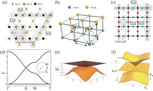 Figure 1. (a) A compact localized state (CLS) and two non-contractible loop states (NLSs) of the nearest neighbor tight-binding model on the kagome lattice. The red dashed box represents the unit cell located at R=(0,0). (b) The bilayer square lattice. Hopping parameters corresponding to the black and green dashed arrows are 1/2, and those for the red arrows are −2. (c) A compact localized state and two non-contractible loop states of the Lieb lattice model with only the nearest neighbor hopping processes. Band structures for the models in (a), (b), and (c) are represented in the lower panels (d), (e), and (f), respectively. All the figures are adapted from [Citation81]