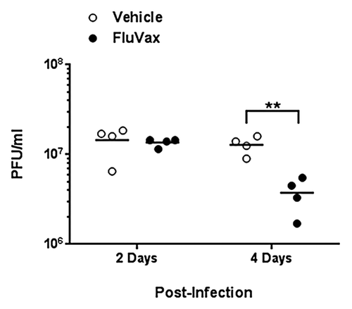 Figure 5. Epitope-driven vaccine reduces lung viral titers in pandemic H1N1 influenza infection of HLA DR3 transgenic mice. Mice that were primed with plasmid DNA vaccine and boosted with peptides comprising cross-conserved H1N1 influenza class II HLA epitopes or vaccine vehicle containing no epitopes were infected with 106 PFU A/California/07/2009. Data are the viral burden of four mice from each group at two and four days post-infection as determined by viral plaque assay. Individual titers are denoted by filled dots and average titers by horizontal lines. Titers in vaccinated mice showing statistical significance (Student t-test) when compared with controls are indicated: **p < 0.01