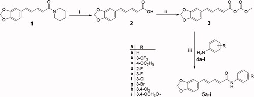 Scheme 1. Synthesis of target piperine-based amides 5a–i; Reagents and conditions: (i) 70% Ethanol/20% KOH/reflux 48 h, (ii) (a) Acetone/Triethylamine/cooling 0 °C in ice bath, (b) Methyl chloroformate cooling/stirring at 0 °C 30 min, (iii) Anhydrous acetone/stirring at 0–5 °C for 2–6 h.