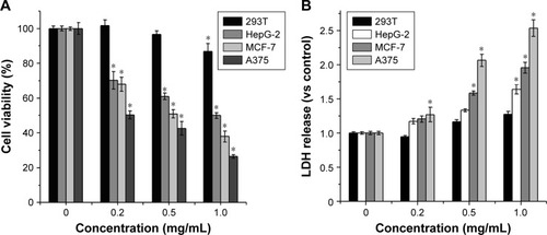 Figure 5 (A) Cytotoxicity results of Re-CDs obtained from different kinds of treated cells at various doses and (B) the LDH release of normal and cancer cells induced by different concentrations of Re-CDs.Notes: Data are represented as mean±SD from three parallel tests. (n=3, *P<0.05). Re-CDs significantly inhibited different cancer cell lines, but had little influence on the cell viability of normal cells.Abbreviations: 293T, human renal epithelial cell line; A375, malignant melanoma cell line; HepG2, human liver hepatocellular carcinoma cell line; MCF-7, human breast adenocarcinoma, Michigan cancer foundation-7; Re-CDs, Re-based carbon dots.