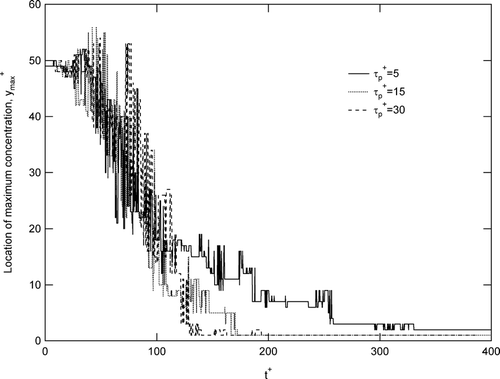 FIG. 8 Location of the maximum concentration as a function of time for τ p + = 5, 15, and 30. In each case, the initial release height was y o + = 50.