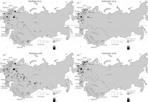 Figure 4. Spatial distribution of the regional network connectivity for companies with hybrid presence in 2015 and 2018.