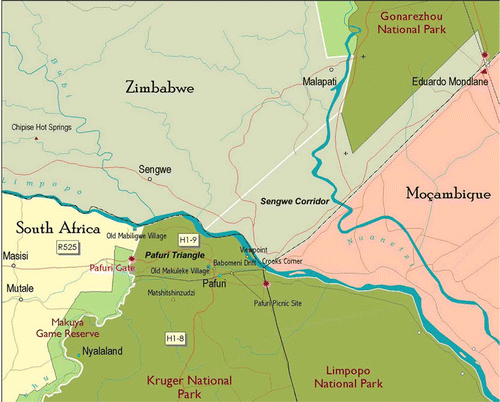 Figure 2: Makuleke's Pafuri Triangle and the Sengwe Corridor. Source gl_makuleke_al_1q. Not to scale.