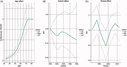 Figure 3. Total period effect. (A) Incidence for five-year age groups showing an increase in incidence in the older age groups. (B) Cohort effect and relative risk showing no significant difference in RR for the different cohorts. (C) Period and relative risk showing no significant difference in RR for the different periods. RR: relative risk; LCI: Lower confidens interval; UCI: Upper confidens interval.