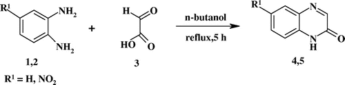 Figure 3. Chemical structure of tested quinoxalinone in this study. The method of synthesis of (6-nitro-2 (1H)-quinoxalinone) NQX from condensation of o-phenylenediamine with glyoxilic acid.