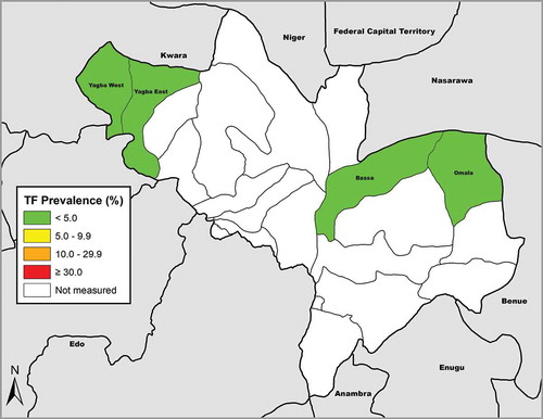 Figure 1. Prevalence of trachomatous inflammation-follicular (TF) in 1–9-year-old children, Global Trachoma Mapping Project, Kogi State, Nigeria, June 2014.