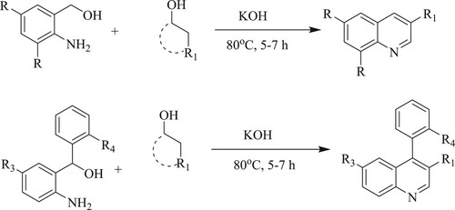 Scheme 59. Synthesis of functionalized quinolines using KOH as a base in solvent-free conditions.
