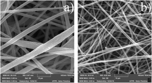 Figure 3. Images by SEM for the PBAT/PLA fibers without (a) and with f-MWCNTs (b). Conditions: needle-to-collector distance of 16 cm, flow rate of 1.80 mL·h−1 and electrical potential applied of 18 kV. Magnification: 5,000×.