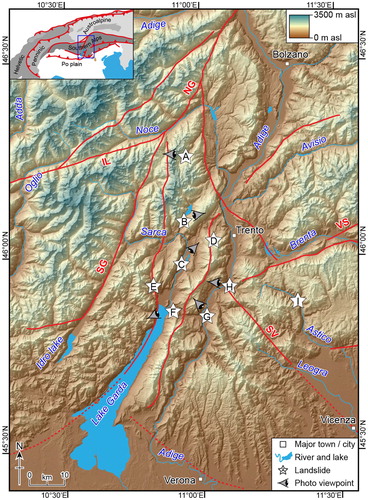 Figure 1. Geographical map of the study area, with position of major catastrophic landslides (A, Tovel; B, Molveno; C, Marocche di Dro; D, Palon; E, Cima Salti; F, Gorte and Passo San Giovanni; G, Lavini di Marco; H, Castelpietra; I, La Marogna). The viewpoints for the photographs of Figure 3 and main faults (IL, Insubric Line; NG, North Giudicarie; SG, South Giudicarie; SV, Schio-Vicenza; VS, Valsugana) are also shown.