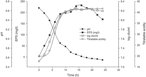 FIGURE 1 Growth kinetic of EPS++ strain in 10% skim milks at 37°C showing the bacterial cell counts, amounts of EPS, pH, and titratable acidity.