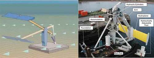 Figure 13. Oscillatory hydrofoil (left: Artist drawing, right: Stingray) (Brinck & Jeremejeff, Citation2013; Coiro et al., Citation2003)