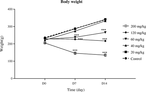 Figure 5. Evolution of body weight in control and NQX-injected rats during 14 days.