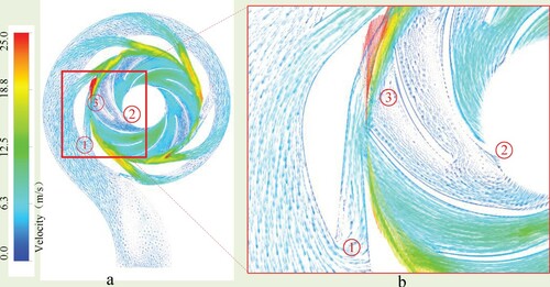 Figure 16. Velocity vectors in impeller and volute domains of CL1 with marks ◯1, ◯2, ◯3.