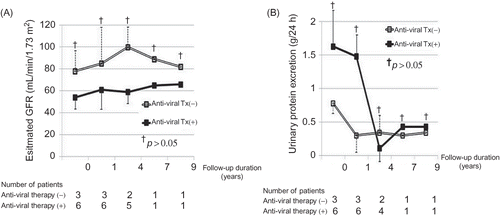 Figure 4.  (A) Comparison of eGFR between patients with anti-viral therapy and without. (B) Comparison of urinary protein excretion rate between patients with anti-viral therapy and without.