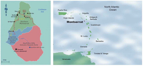 Figure 1. The island of Montserrat (left) and its location in the Caribbean region (right) (Sources: Left, “Montserrat regions map” by Kafnova, licensed under CC BY-SA 3.0; Right, map created by Hung Vo, licensed under CC BY 4.0, using data from USGS, Citation2004)