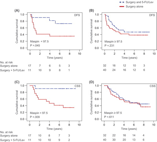 Figure 3. Survival of colon cancer patients stage III according to nuclear maspin expression and treatment. Survival is presented as DFS (A and B) and CSS (C and D) for low (A and C) versus high (B and D) expression of maspin. CSS, cancer-specific survival; DFS, disease-free survival.