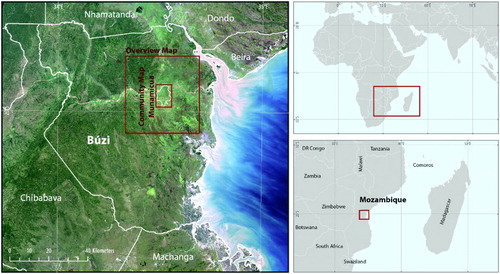 Figure 1. Location map of the Munamicua flood hazard and community map as well as the overview map.