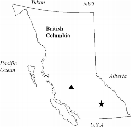 FIGURE 4 Two locations on crown land in British Columbia from which raw lodgepole pine cambium was sampled for our study: (1) Kalamalka Seed Orchard in the Okanagan, demarcated by the star; and (2) in the West Chilcotin, demarcated by the triangle.