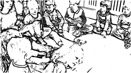 Figure 1. A typically structured circle-time. The teacher is reading aloud and children are sitting around the teacher, a structure also symbolized by the round mat in the room affording community and possible face-to-face interaction with all attendant children