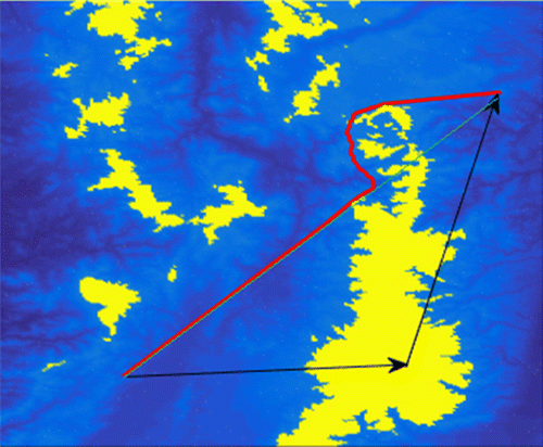 Figure 5. Route 1 analyzed in a contour map.