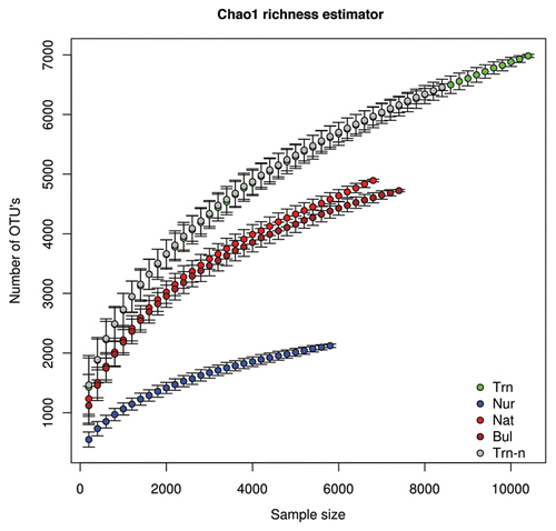 Figure 2 Bacterial richness in mangrove sediments and rhizospheres estimated with the Chao1 richness estimator. Four microhabitats were sampled: Nur, roots of nursery plants before planting in a mangrove; Trn, roots of transplanted saplings 202 days after planting in a mangrove; Trn-n, roots of transplanted saplings 202 days after planting without OTU's shared between the nursery and the transplants. Nat, roots of native (non-transplanted) saplings in a mangrove (Nat); and Bul, bulk sediment in the mangrove replant area. Four replicates per habitat were surveyed.