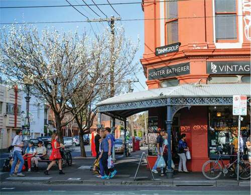 Photo of Brunswick Street and surrounding residential areas in Melbourne, Australia showing walkable access to shops and services. Photo credit: Roberto Seba. Shopping on Brunswick Street, with permission from Visit Victoria.