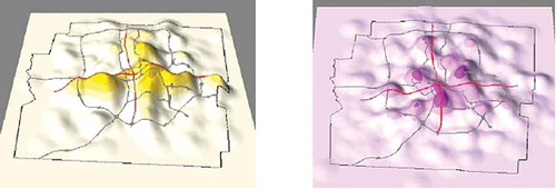 Figure 3. 3D density surfaces of masked data of the geographical distribution of lung cancer deaths in Franklin County, Ohio in 1999. Left: 3D surface obtained with circular mask. Right: 3D surface obtained with weighted mask.
