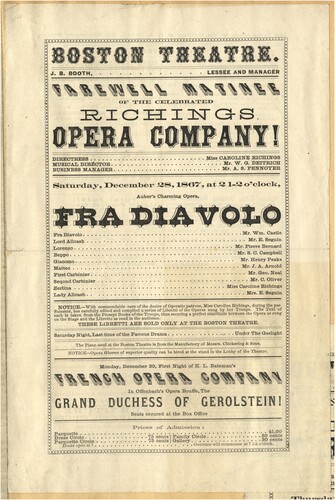 Figure 3. Playbill for the Richings Opera Company from a Boston engagement in December 1867. Notice description of Richings as “directress.” Paul Glase Scrapbook, Free Library of Philadelphia, Theatre Collection.