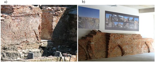 Figure 5. a) Fragment of Gothic brick cellar walls, b) Remnant of the Gothic wall displayed on the ground floor of the block on Szeroka Street, Gdańsk. Source: photo by A. Taraszkiewicz, 2011, 2012