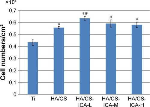 Figure 8 Cell counting of adherent MC3T3-E1 cells grown on different surfaces for 24 hours.Notes: Data are expressed as mean ± SD (n=3). *A statistical significance compared to the Ti group (P<0.05). #A statistical significance compared to the HA/CS multilayer group (P<0.05).Abbreviations: CS, chitosan; HA, hyaluronic acid; ICA-H, icariin-high dose; ICA-L, icariin-low dose; ICA-M, icariin-middle dose; Ti, titanium.