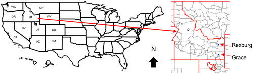 Figure 1. Location map of fields sites within the USA and Idaho.