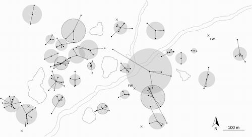 Figure 1. Individual territories of 33 Northern Wheatears wintering in northern Nigeria. Each point represents an undisturbed resighting, connected to the mean location of all resightings for that individual. The grey shaded circles illustrate the territory size for each individual resighted at least twice (n = 27 birds). Black crosses show the location of birds resighting only once following capture (n = 6 birds). Territories outlined in black and crosses with ‘FW’ show the territories of first winter birds. Shapes with grey outlines show the location of rocky outcrops and a dry riverbed. This figure shows that Wheatears held small, distinct territories throughout the duration of the resighting period.