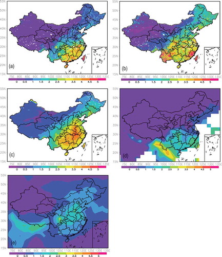 Figure 3. Multi-year nitrogen flux over China. (a) Nitrogen deposition (NDEP) from the AVIM; (b) biological nitrogen fixation (BNF) from the AVIM; (c) NDEP estimated by Lu and Tian (Citation2014); (d) BNF from the CABLE model; (e) NDEP from the CMIP6 data. Units: g N m−2 yr−1. The AVIM and CABLE are averaged for the time period 1979–2015, the Lu and Tian (Citation2014) data for the time period 1979–2005 and the CMIP6 data for the time period 1979–2014