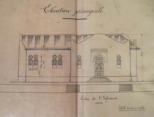 Figure 2. Plans for a ‘neo-Moorish’-style Infirmerie indigène, Rabelais. Archives nationales d’Outre-Mer (France), February 20, 1905, Commune mixte de Ténès. Q1 – Assistance publique, organisation, “Batiments communaux. Travaux neufs. Projet de construction d’une Infirmerie Indigène dans le centre de Colonisation de Rabelais.” Image taken by the author. Reproduced with permission.