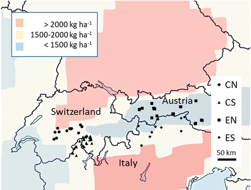 Figure 1. Geographical position of the study lakes (see Table S1 for coordinates). The colors represent the cumulative total N deposition for the period 1880 to 2020 (from Forsius et al. Citation2021).