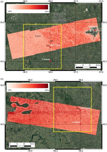 Figure 12. Soil moisture maps produced for MB from acquired RCM images on (a) 6 May 2021 with the SC30MCPB imaging beam mode in ascending pass, and (b) 28 October 2021 with the SC30MCPC imaging beam mode in descending pass. Yellow polygon indicates MB experimental site.