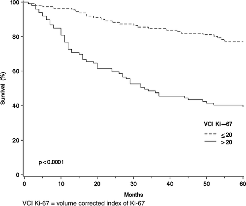 Figure 1.  The overall survival curves of the salivary gland cancer patients (n = 210) using the Kaplan-Mayer method for the volume corrected Ki-67 expression measured with immunohistochemistry: VCI Ki-67 ≤ 20 (n = 111); and VCI Ki-67 > 20 (n = 99).