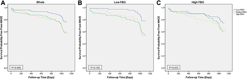 Figure 2 Kaplan–Meier survival curves for freedom from MACEs in the whole, low FBG and high FBG patient groups. Kaplan–Meier survival curves for freedom from MACEs in (A) The whole population by RDW level, (B) Low FBG by RDW level, and (C) High FBG by RDW level.