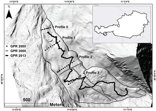 FIGURE 1. Location of Äußeres Hochebenkar (HEK) rock glacier in the Ötztal Alps, Austria. Ground-penetrating radar (GPR) data points and profiles collected in 2000, 2008, and 2013, as well as the outlines of the two lobes of the rock glacier are shown on a hillshade image based on a 2009 LiDAR digital elevation model (DEM).