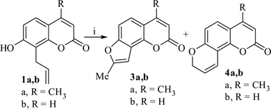 Scheme 1 Synthesis of furano- and pyranocoumarin derivatives. Reagent and conditions: (i) PdCl2 (4 mol%), Cu(OAc)2.H2O (3 eq), LiCl (3 equiv), DMF-water (9:1), rt, 3 h.