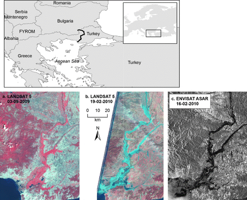Figure 1. Location of the Evros river and satellite imagery processed for delineating the flood extent.