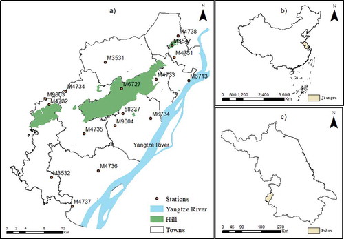 Figure 1. Map of the geography and locations of the meteorological stations in Pukou District, China.Source: Pukou Meteorological Bureau and Nanjing Land and Resources Bureau, 2015.