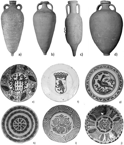 Figure 1. (a) Almagro 51a-b; (b) Almagro 51c; (c) Dressel 14; (d) Lusitana 3 (all images are from Southampton City Council Citation2013). (e) Aranhões; (f) Coat of Arms; (g) Beads; (h) Lace; (i) Semi-circles; (j) Floral (all images are from Cabral Moncada Leilões). Photos are not to scale