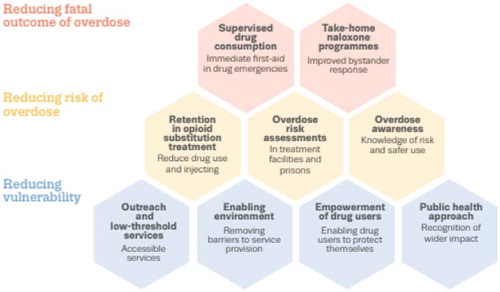 Figure 1. Interventions to reduce the risk of opioid-related deaths require a constellation of efforts. Figure from European Monitoring Centre for Drugs and Drug Addiction (2017), Health and social responses to drug problems.