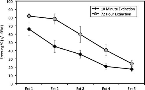 Figure 5.  Experiment 2: Extinction sessions 1–5 for 10-min extinction and 72-h extinction groups. Mean percent time freezing ( ± SEM) during the first 8 min of each trauma context (A) extinction (Ext) session. The delayed (72 h) extinction group (n = 12) showed higher levels of freezing compared to the immediate (10 min) extinction group (n = 12). A mixed-design ANOVA revealed results similar to those observed in Experiment 1; there was a significant main effect of both group and extinction sessions p < 0.001 but no interaction. A planned post-hoc t-test revealed that freezing was not significantly different between the groups by the final extinction session.