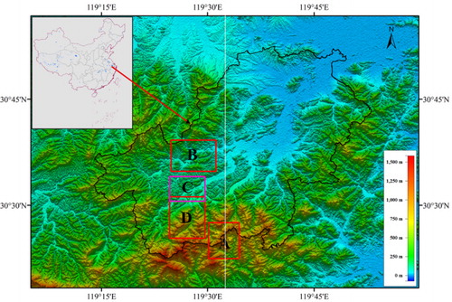Figure 1. Overview of the study area. Anji County is outlined on the color-shaded elevation map, which is created from SRTM version 4.1. Rectangles in the map show the location and extent of the following figures: (A) Figure 2; (B) Figure 6 a, b, c; (C) Figure 6 d, e, and f; (D) Figure 3.