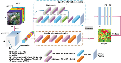 Figure 5. The architecture of our proposed 3D&2D-INWS-CNN model. ‘2D/3D conv + BN + MP + ReLU’ is expressed as a 2D/3D convolution layer, batch normalization (BN) layer, max pooling (MP) layer, and a nonlinear activation function ‘ReLU;’ ‘FL’ is a flattened layer; ‘FC + DP’ is a fully connected layer and dropout; and ‘SoftMax’ is a classifier.