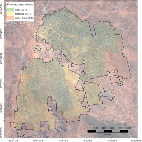 Figure 2. Refugee camp Minawao in the Far North Region of Cameron: Camp extent on 12. Feb 2017 and previous camp extents (coloured)